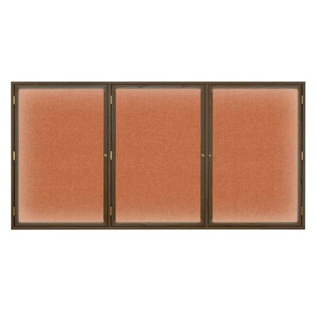 UNITED VISUAL PRODUCTS Triple Door Enclosed EZ Tack Board, 96"x48", Walnut/Marble UV106EZ-MARBLE-WALNUT